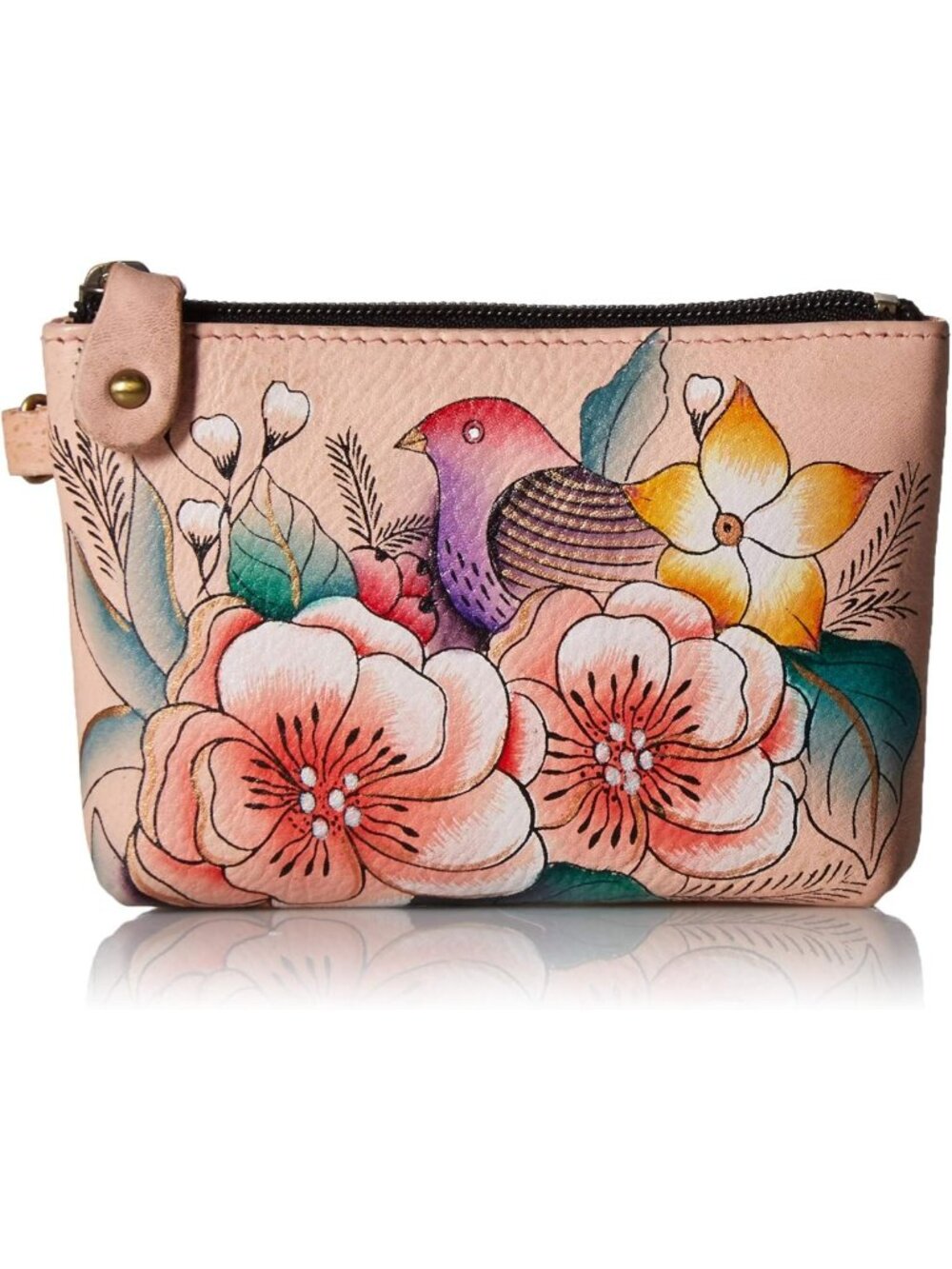 Hand-Painted Genuine Leather Coin Pouch - Vintage Floral Design, Perfect Gift!